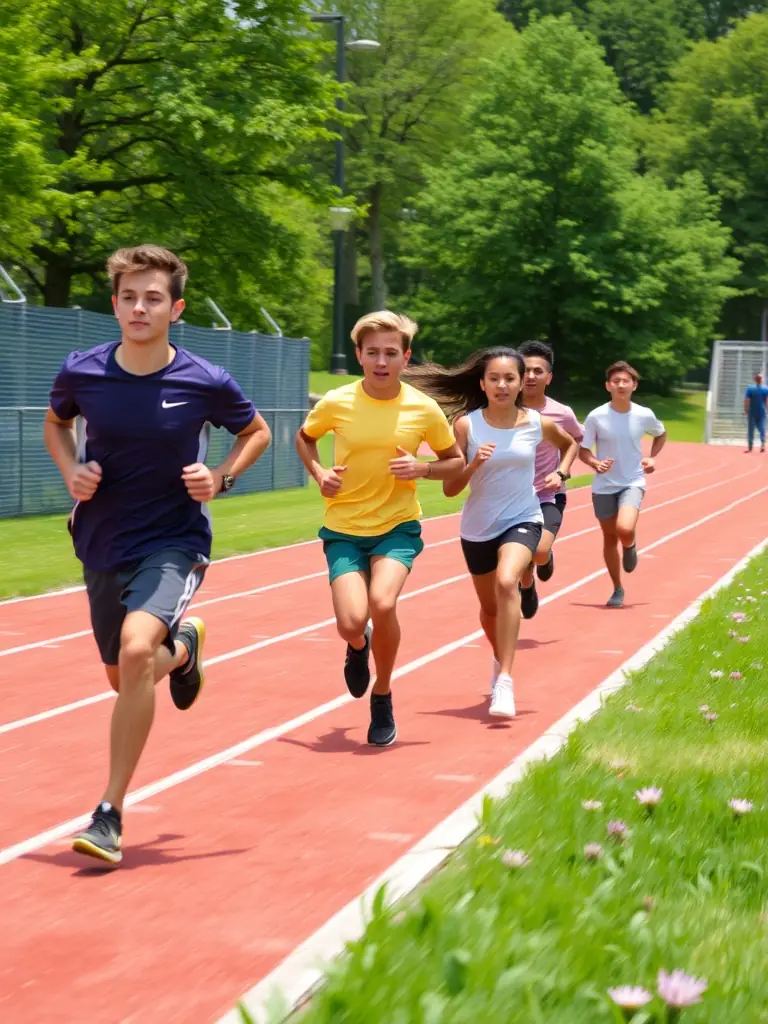 Students running track and field, showcasing speed and endurance.