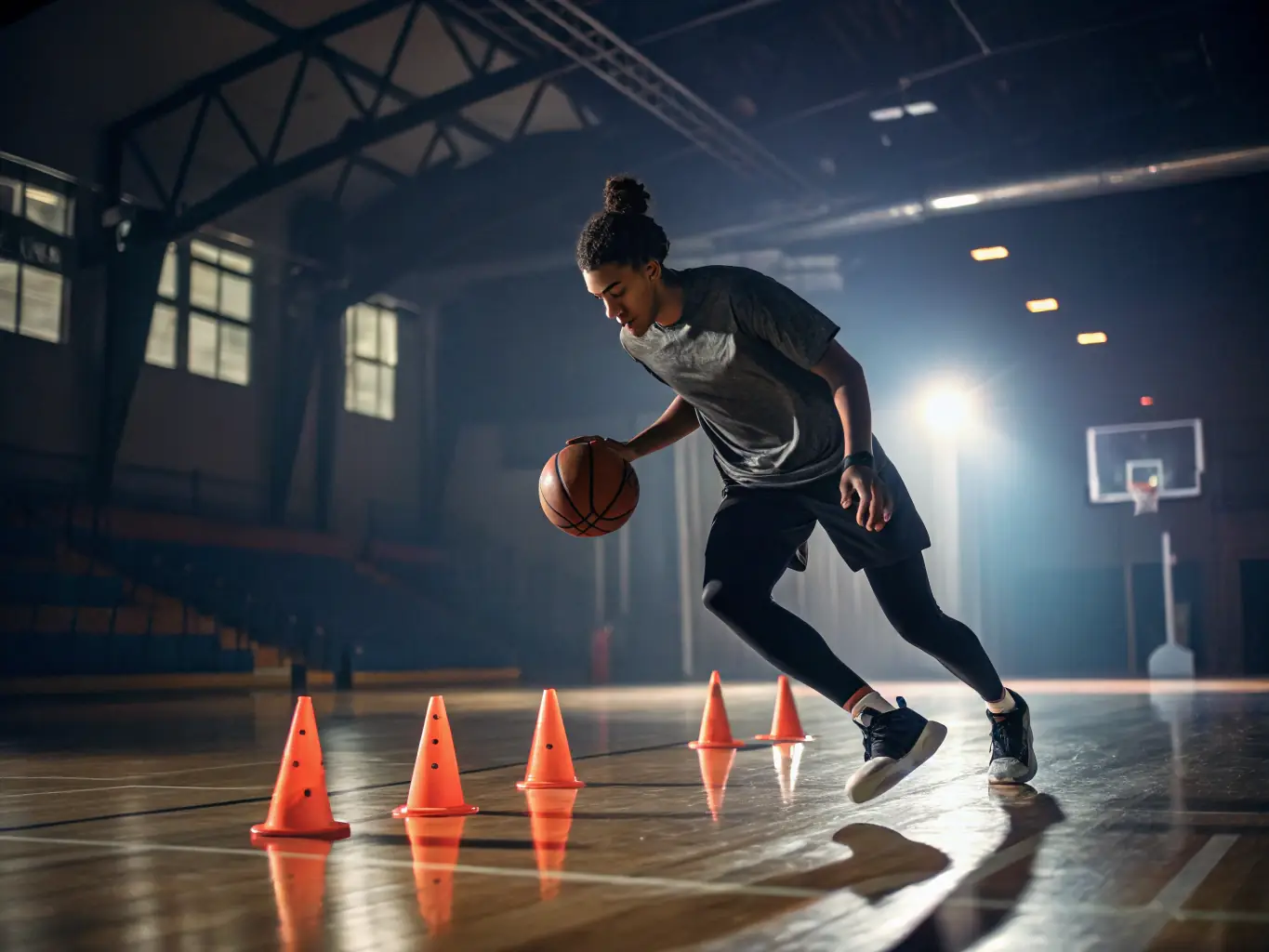 A dynamic image showcasing students actively participating in a basketball game, dribbling, passing, and shooting, with the school gymnasium as a backdrop.
