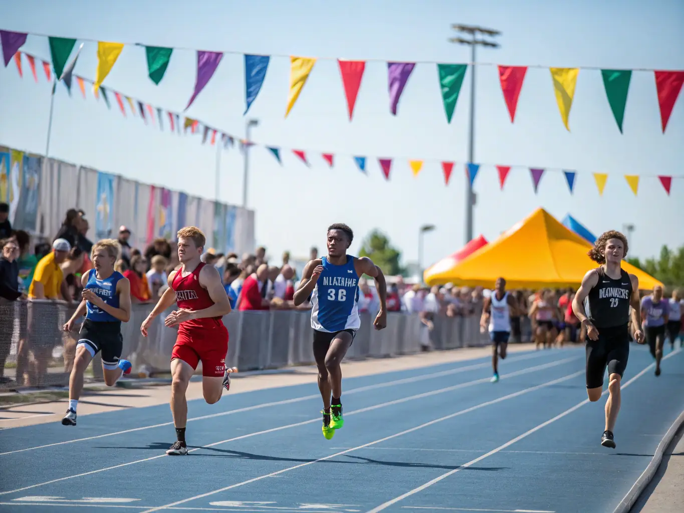 A vibrant image of students engaged in track and field activities, including sprinting, long jump, and relay races, with the school's track field in the background.