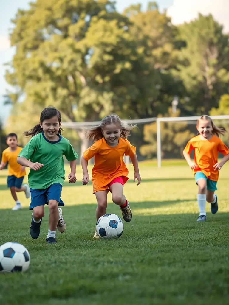 Students playing soccer on the school field, showcasing active participation and teamwork.