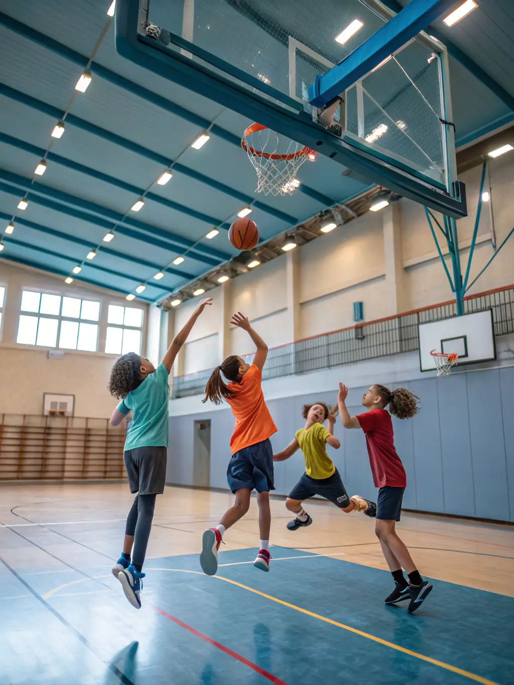 A group of students playing basketball in the school gymnasium, focusing on teamwork and coordination.