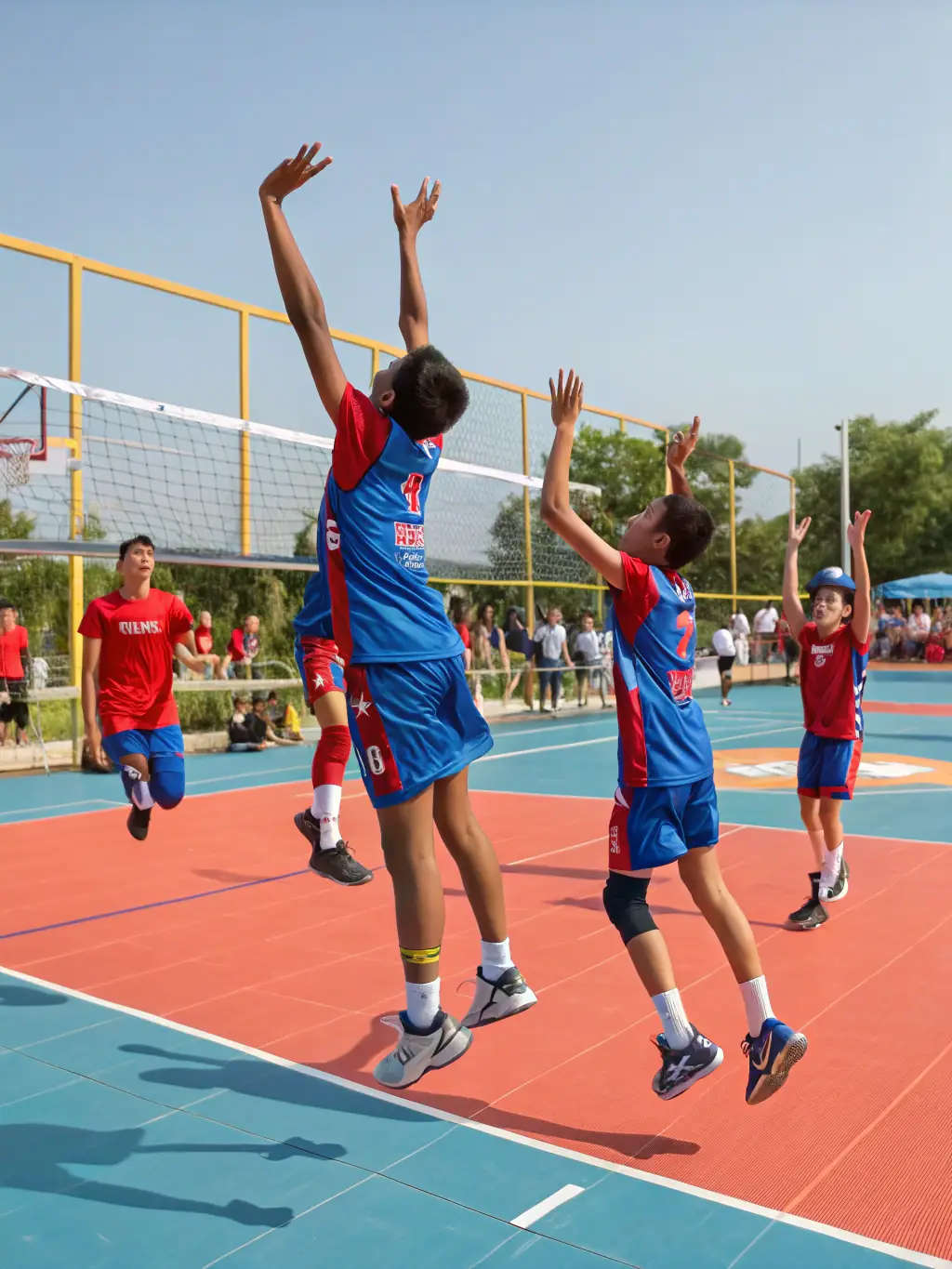Students practicing volleyball outdoors, emphasizing agility and strategic play.